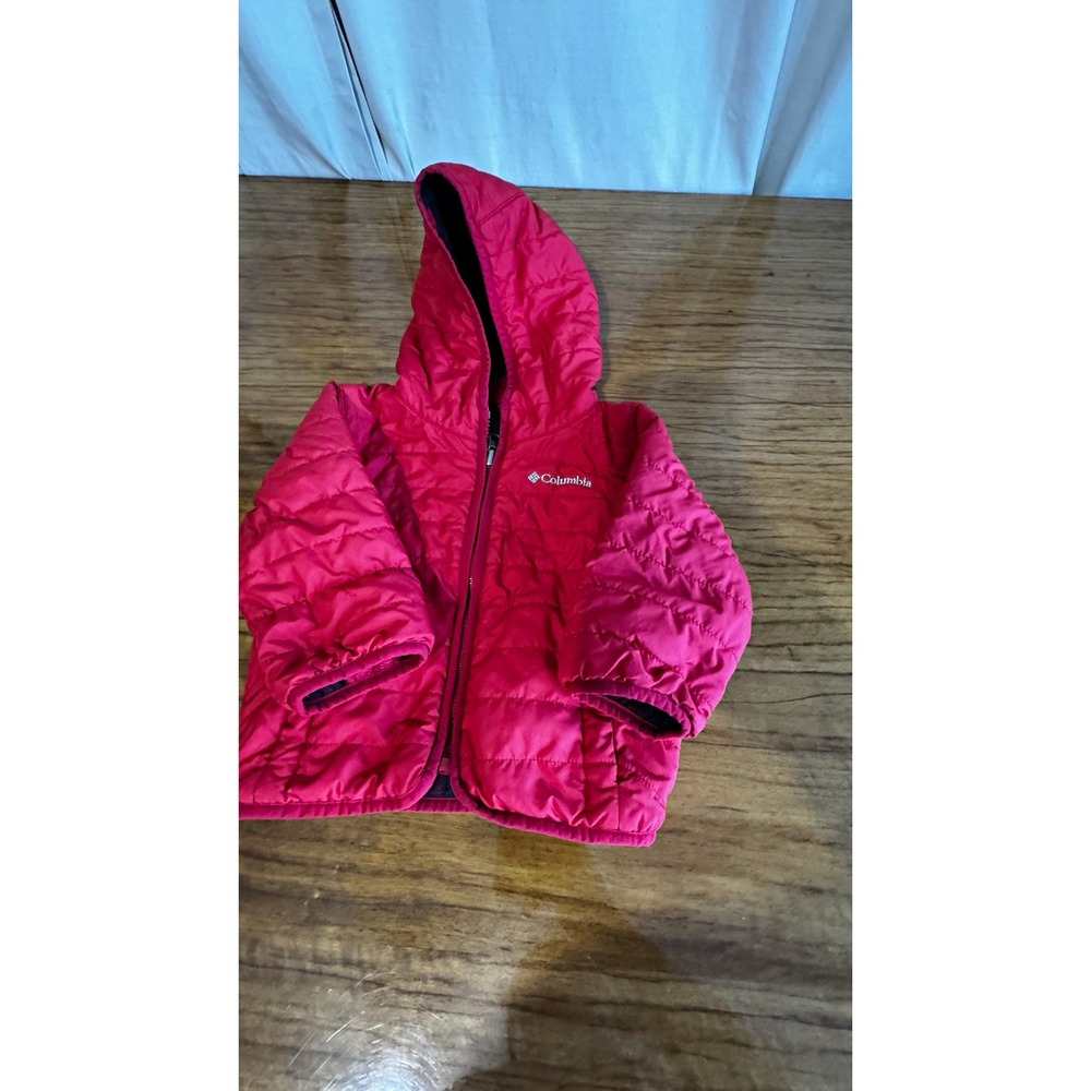 Columbia 2T Reversible Hooded Puffer Jacket Red Black Plaid Fleece Kids